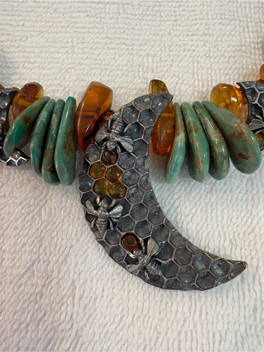 Turquoise and Amber Beaded Crescent Pendant Necklace